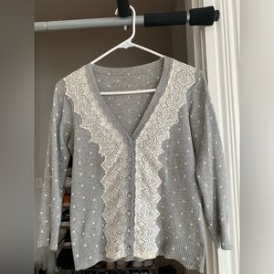 Gray Polka Dot Sweater with Lace Trim. Size Small. Sleeves 3/4.